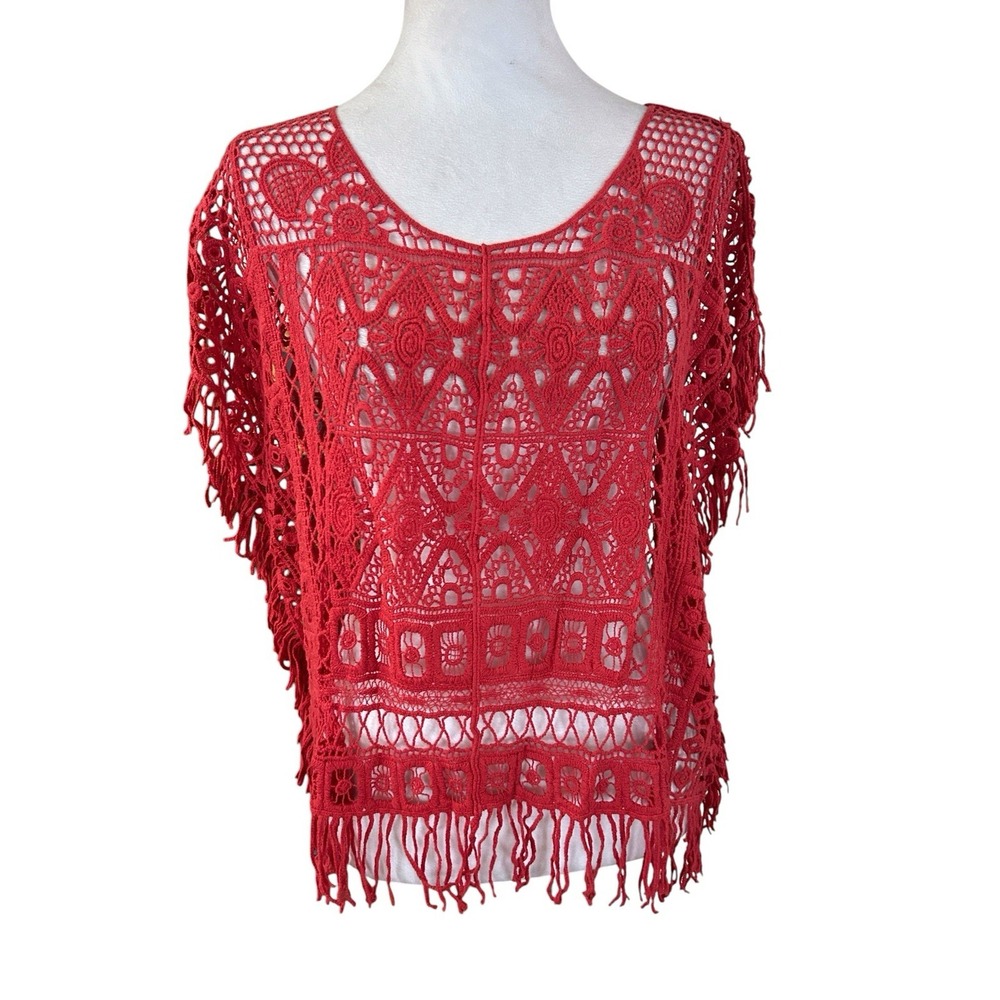 Vintage Red Crochet Poncho Top Bohemian Fringe Festival Wear Open Weave Knit Med
